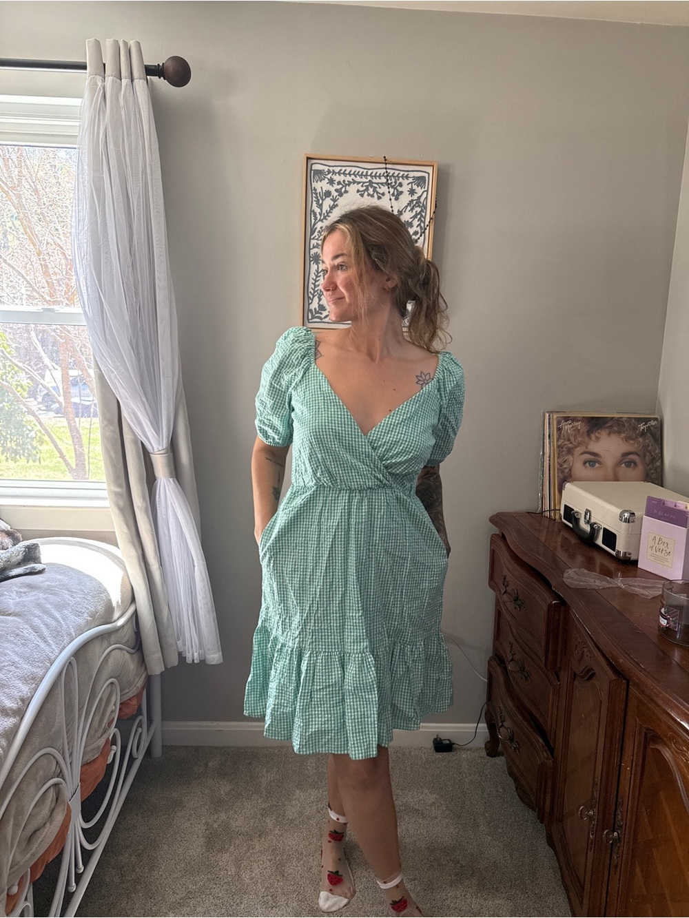Light Green Gingham Wrap Dress with Puff Sleeves